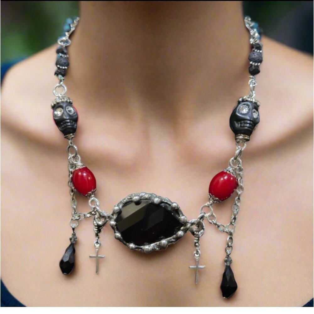 Dark Romance Gothic Necklace: Faceted Black Onyx Pendant w Skull & Cross Charms